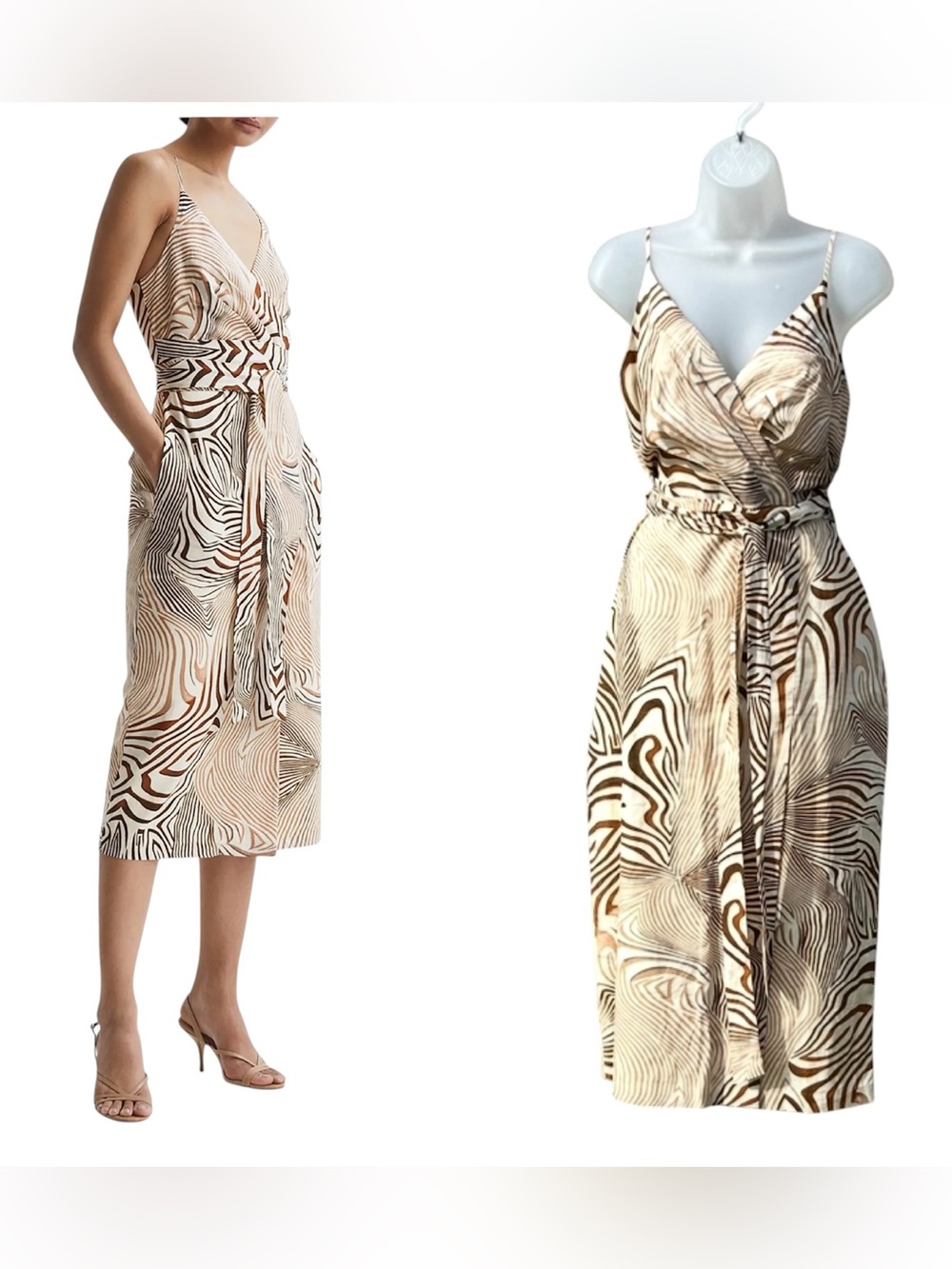 REISS Women US 12 UK16 Rosie Animal Floral Zebra Linen Cotton Brown White Dress.